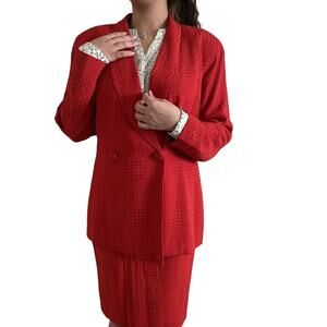 Christian Dior Vintage Red Double Breasted Skirt Suit Set Size 12 USA Made